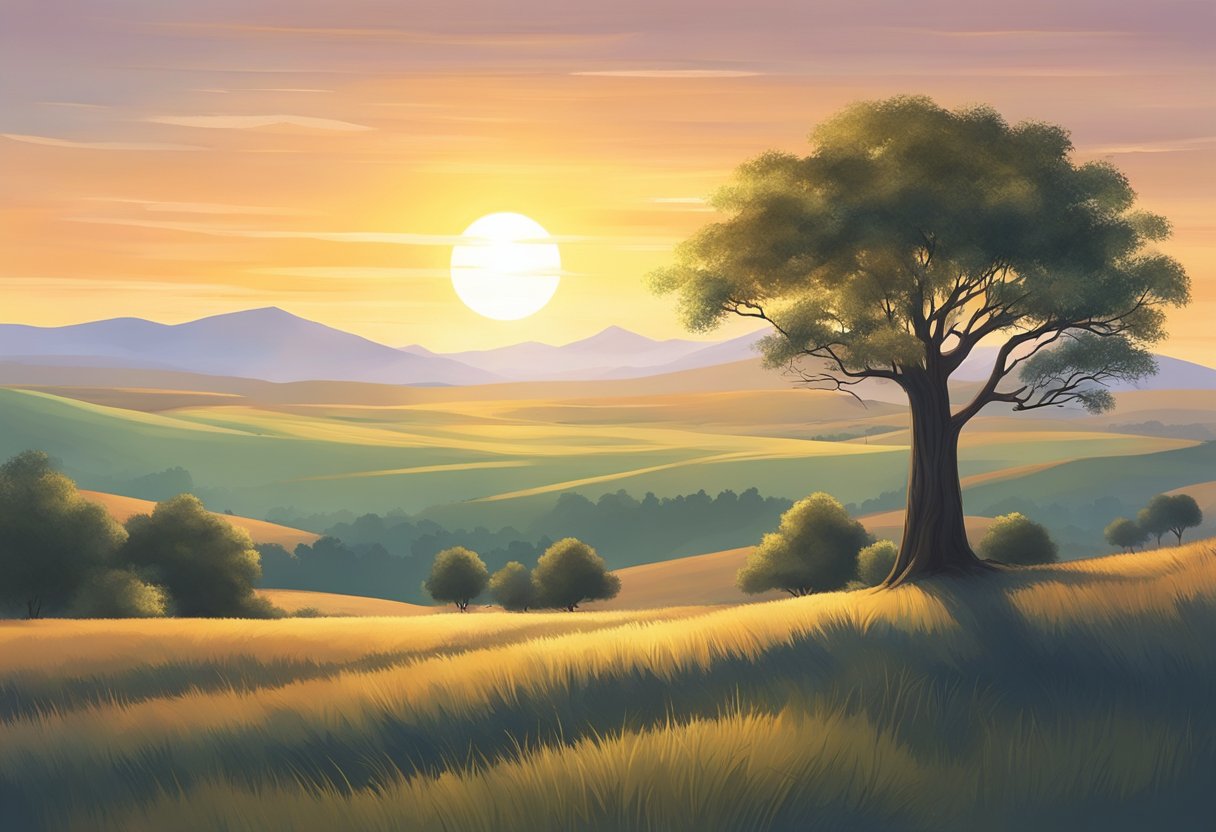 A serene landscape with a lone tree standing tall, its branches gracefully swaying in the wind as the sun sets behind it