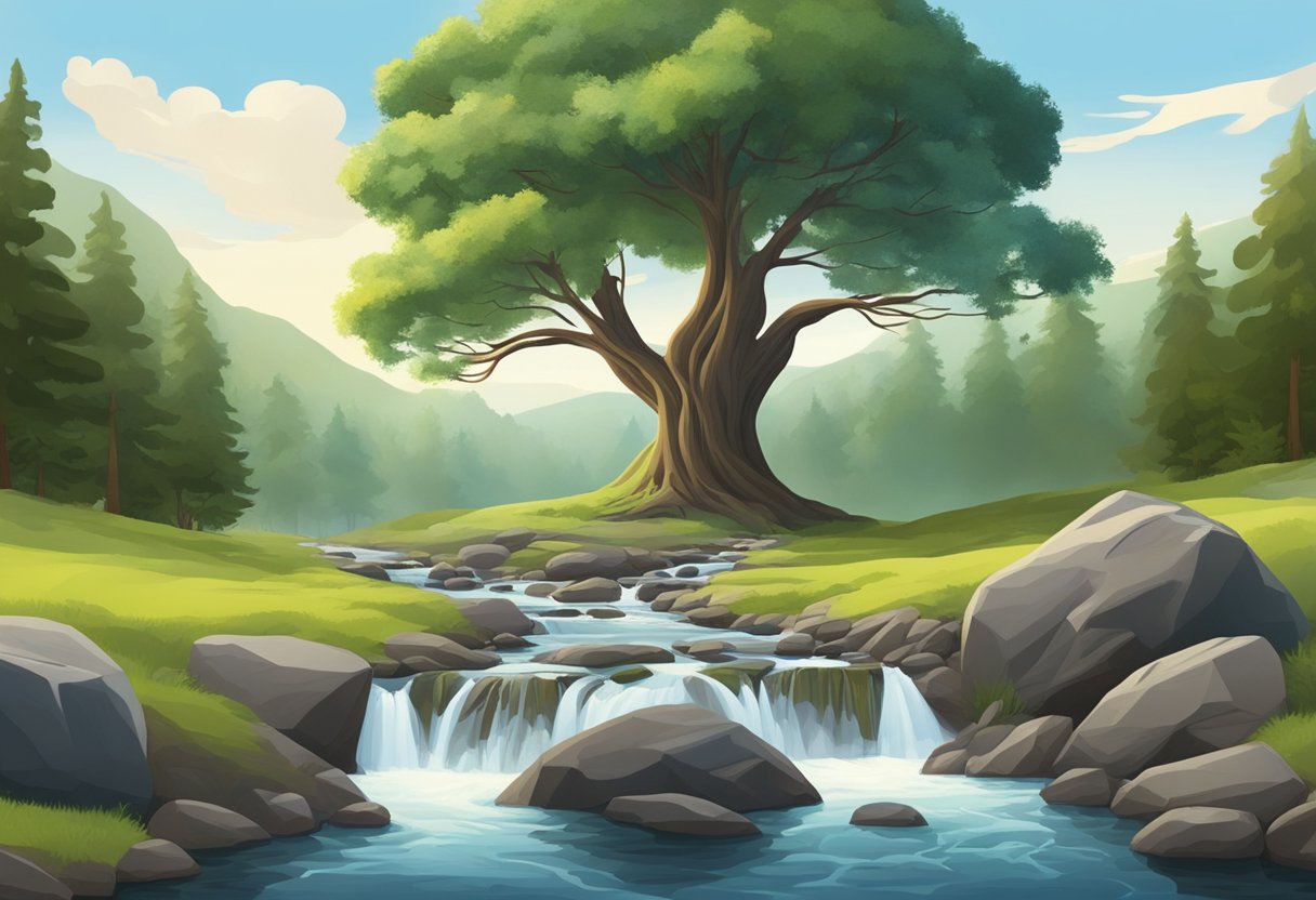 A serene forest clearing with a lone tree, surrounded by a symmetrical arrangement of rocks and a small stream flowing through the center