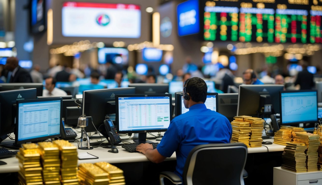 A bustling stock market in Dubai, with traders analyzing gold prices and discussing online trading strategies