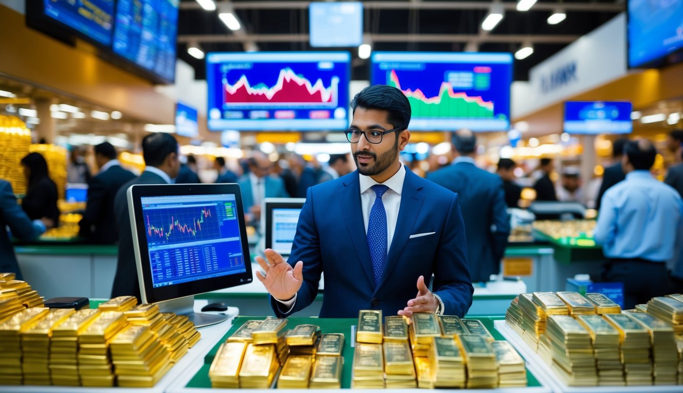 A bustling Dubai market with gold traders, online trading screens, and financial analysts discussing investment strategies