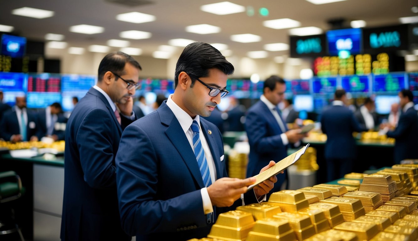 A bustling trading floor in Dubai, with brokers analyzing gold data and discussing investment strategies