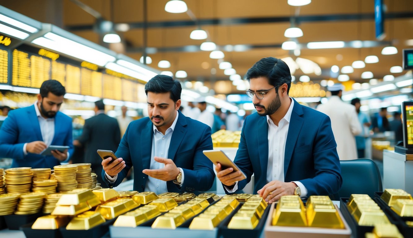 A bustling Dubai market with gold traders and investors discussing online trading strategies and analyzing gold prices