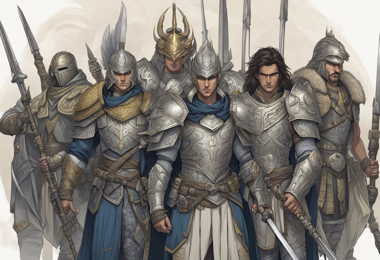 A group of fierce warriors stand in a circle, each adorned with unique armor and weapons, ready for battle