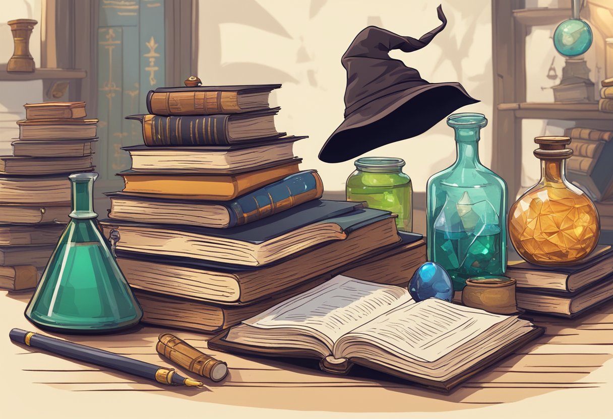 A cluttered desk with a wand, potion bottles, and a spellbook. A sorting hat sits on a shelf next to a stack of magical textbooks