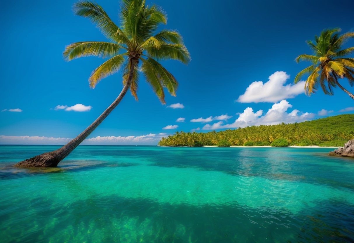 Acque cristalline circondano isole verdi lussureggianti dell'Oceano Indiano. Le palme ondeggiano nella leggera brezza sotto un cielo blu brillante.