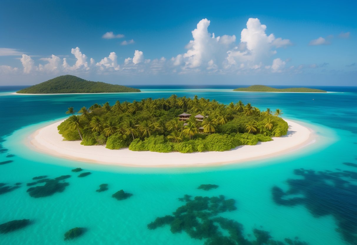 Acque turchesi circondano isole lussureggianti e verdi punteggiate di palme e spiagge di sabbia bianca nell'Oceano Indiano