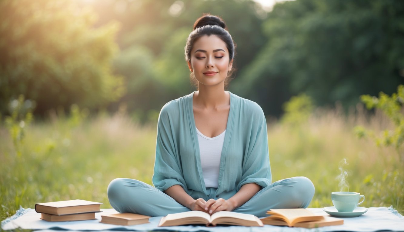 A person sitting in a calm, natural setting with a serene expression, surrounded by symbols of relaxation such as a book, a cup of tea, and a soothing color palette