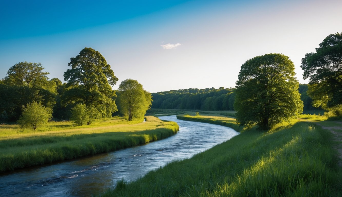 A serene natural landscape with a winding river, lush green trees, and a clear blue sky, evoking a sense of calm and peace