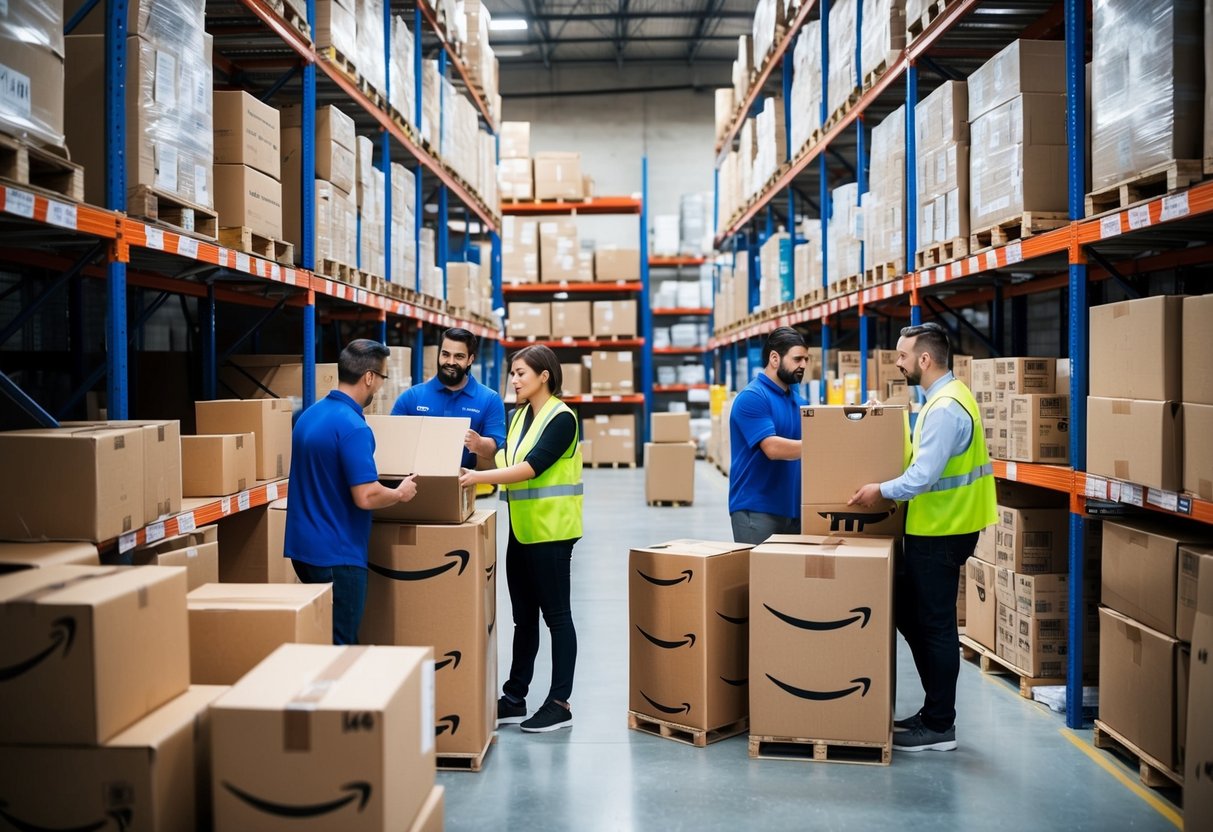 A bustling Amazon FBA warehouse with shelves stocked with top-selling products, workers packing orders, and a busy sales team strategizing