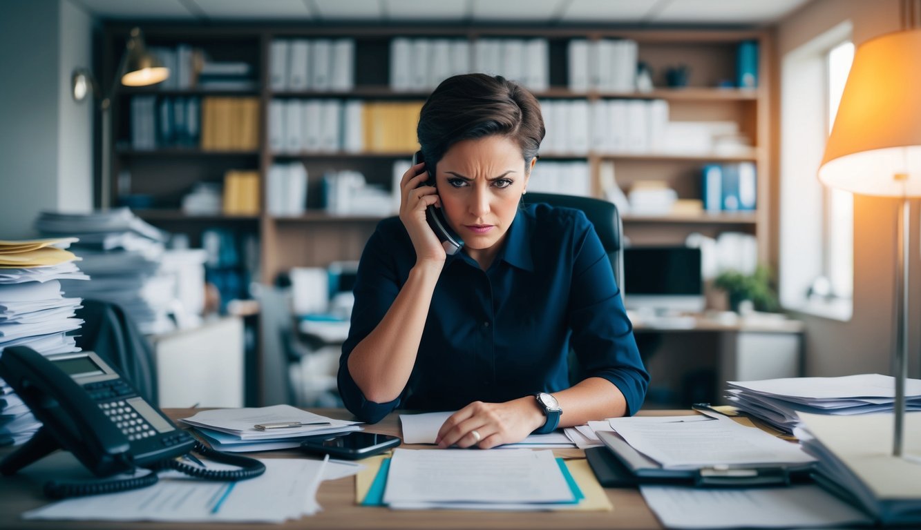 A person sitting in a cluttered office, surrounded by papers and a ringing phone, with a tense expression and a furrowed brow