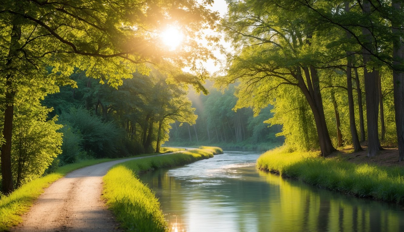 A serene nature scene with a winding path through a peaceful forest, sunlight streaming through the trees, and a calm, flowing river