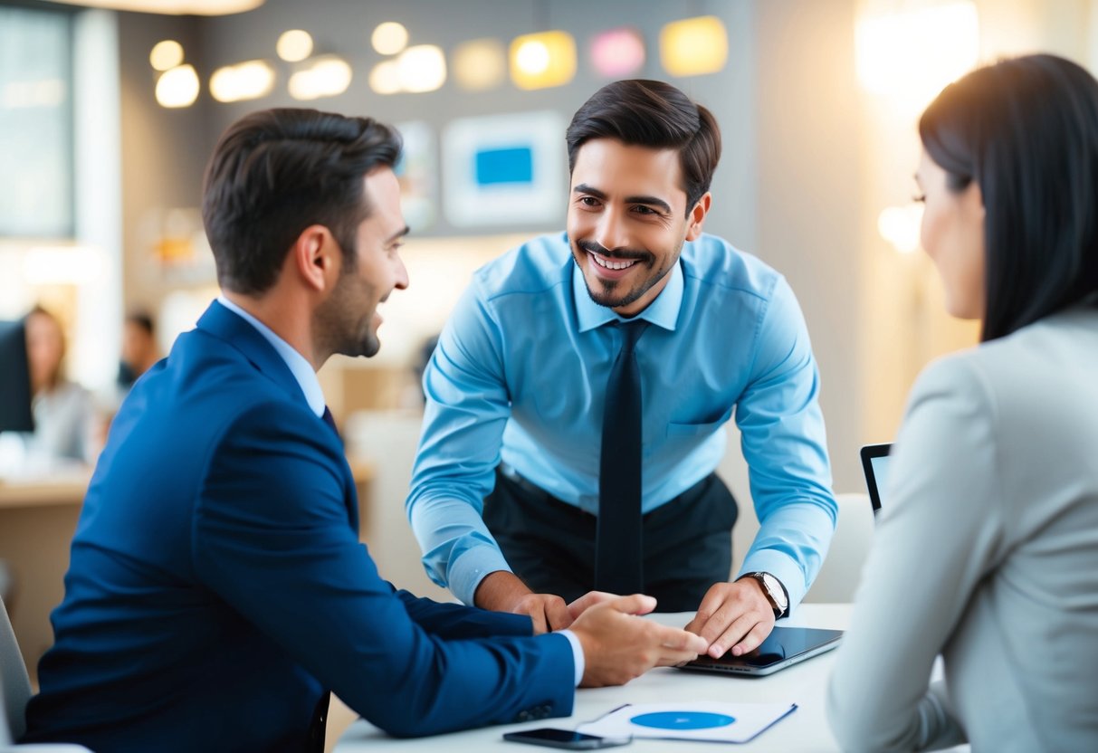 A customer service representative assisting a customer with a smile, surrounded by positive feedback and ratings