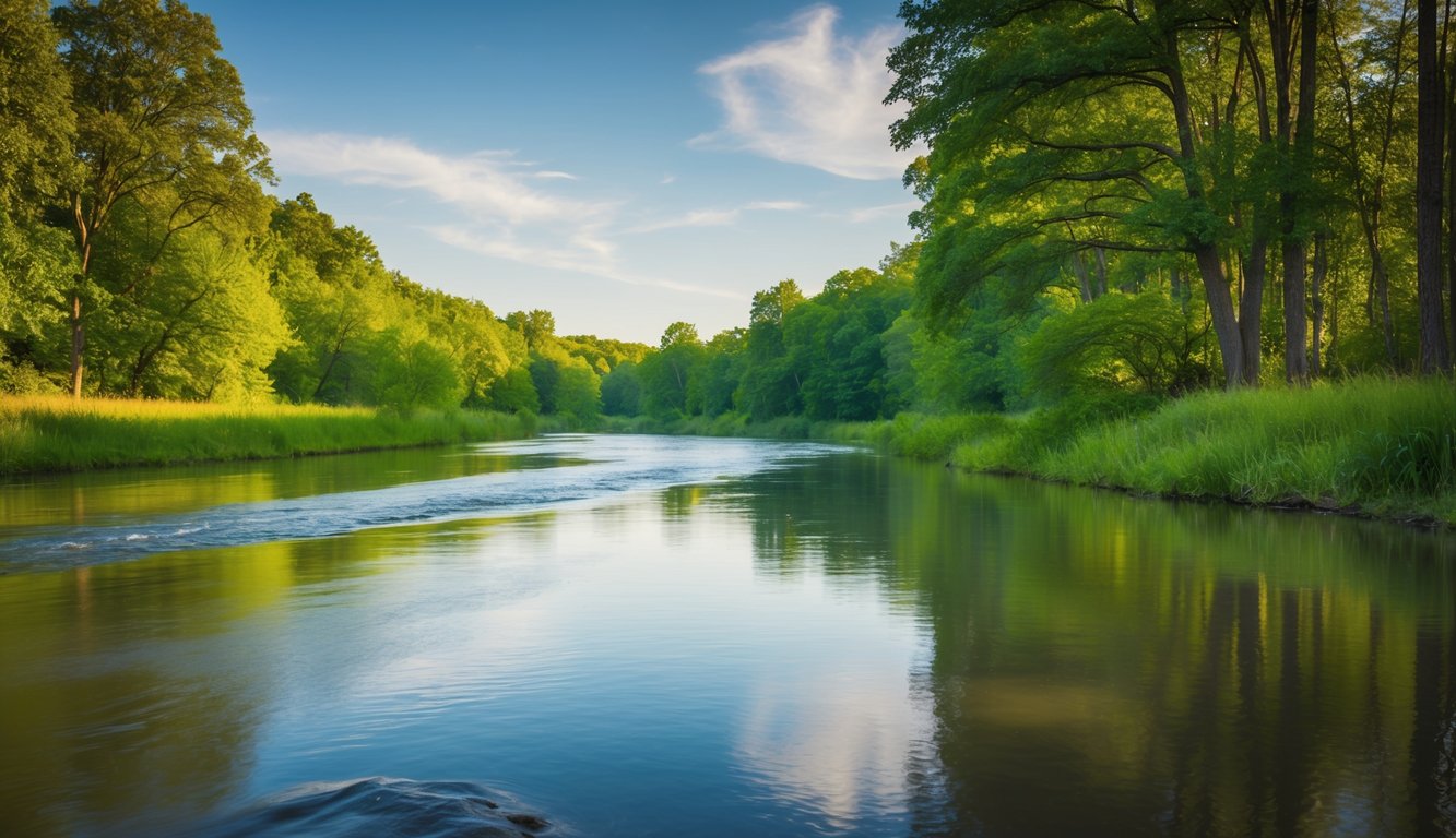 A serene nature scene with a calm, flowing river surrounded by lush green trees and peaceful wildlife