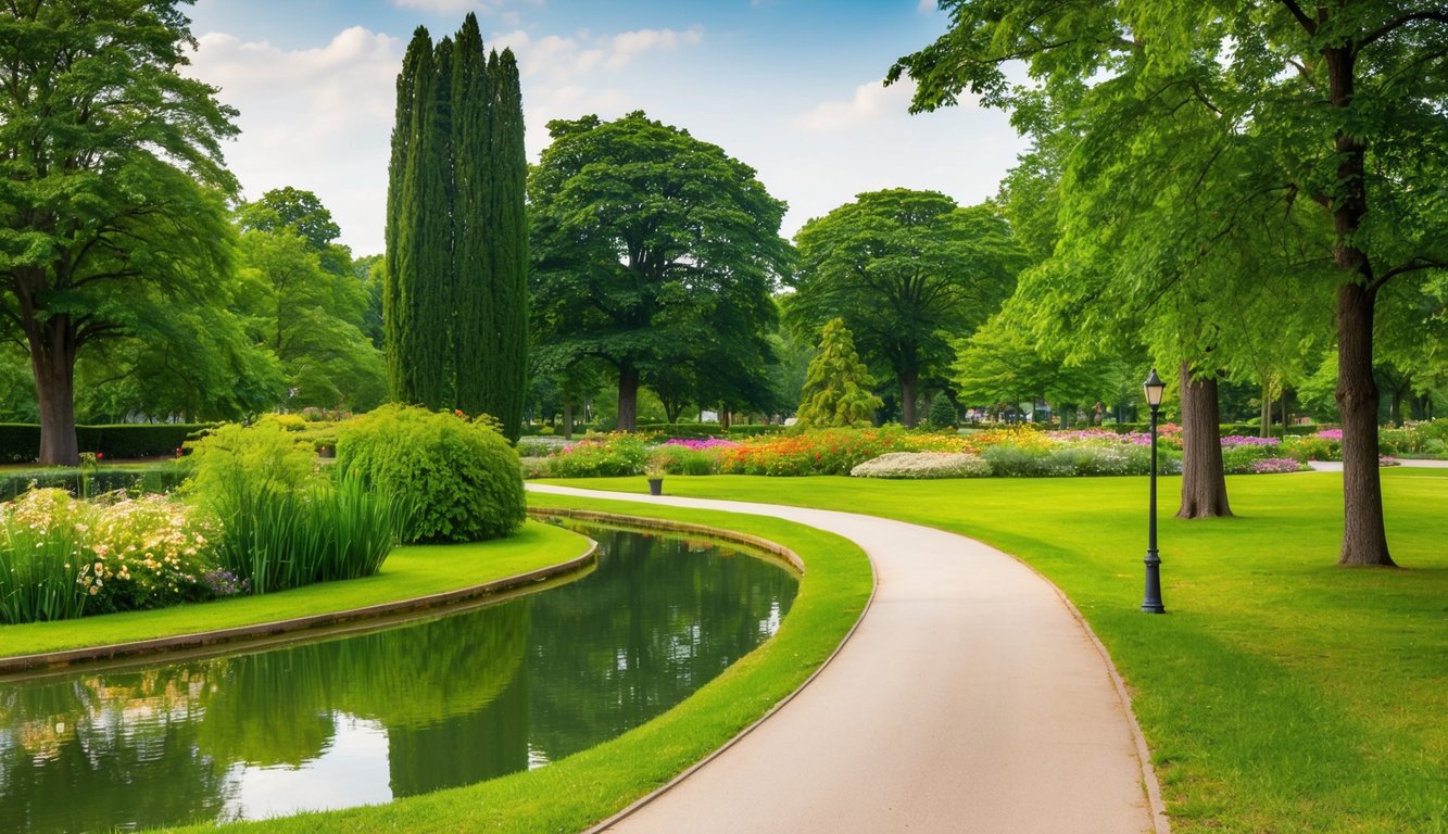 A serene park with a winding path, lush greenery, and a peaceful pond, surrounded by tall trees and colorful flowers