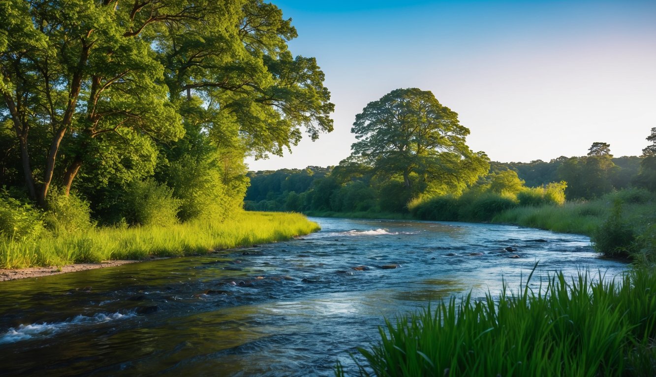 A serene, tranquil setting with a flowing river, lush greenery, and a clear blue sky, evoking a sense of peace and resilience