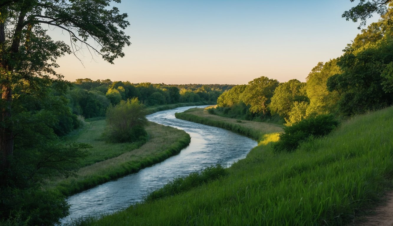 A serene natural landscape with a winding river, lush greenery, and a clear sky, conveying a sense of calm and relaxation