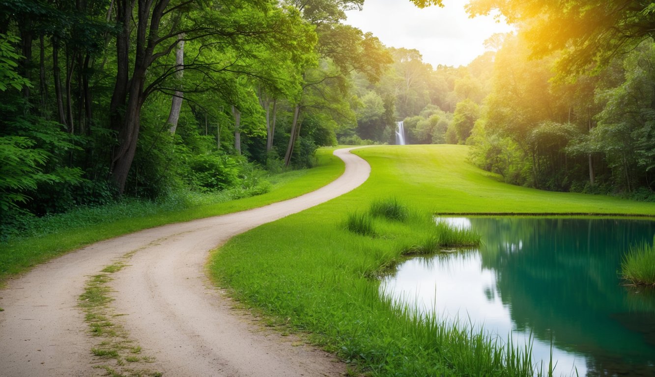 A tranquil nature scene with a winding path through a lush forest, leading to a peaceful clearing with a serene waterfall and a tranquil pond