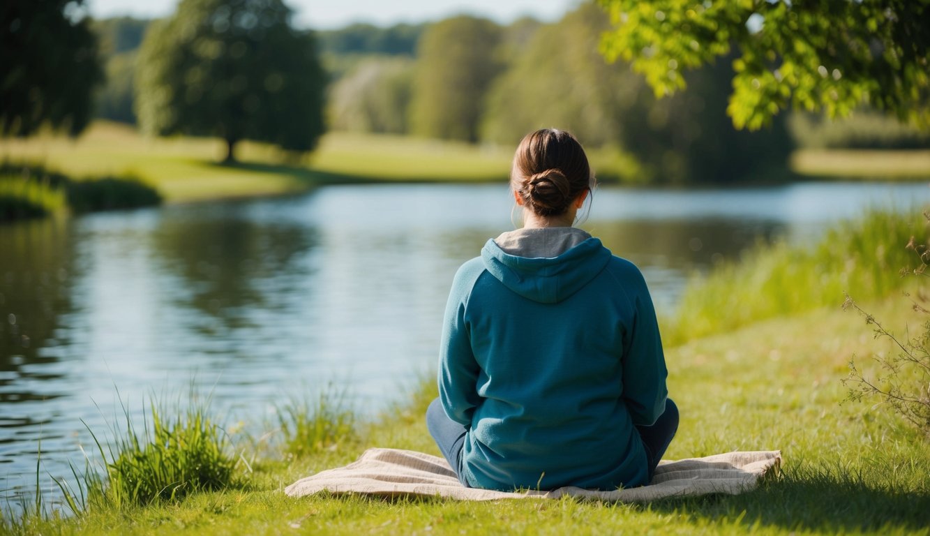 A person sitting in a peaceful, natural setting, surrounded by calming elements such as water, trees, and open space