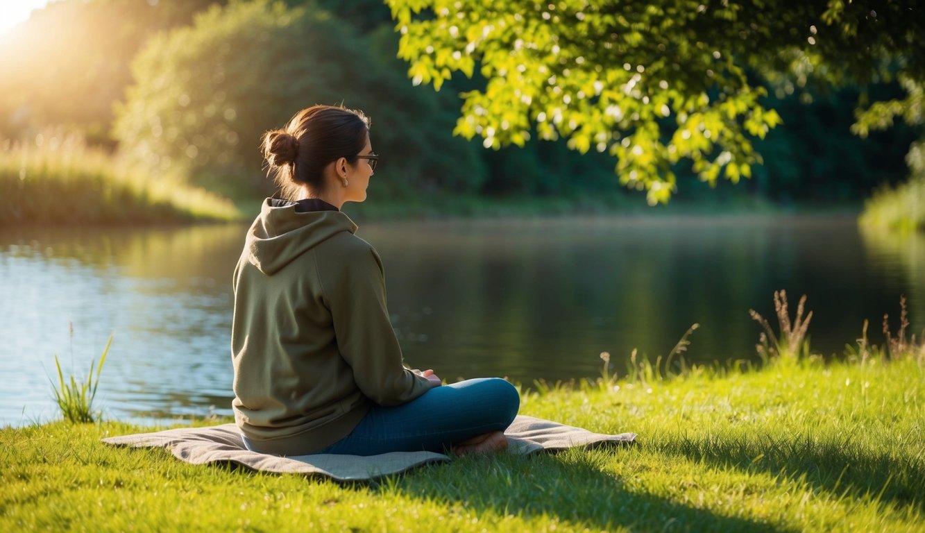 A person sitting in a peaceful natural setting, surrounded by calming elements such as trees, water, and sunlight