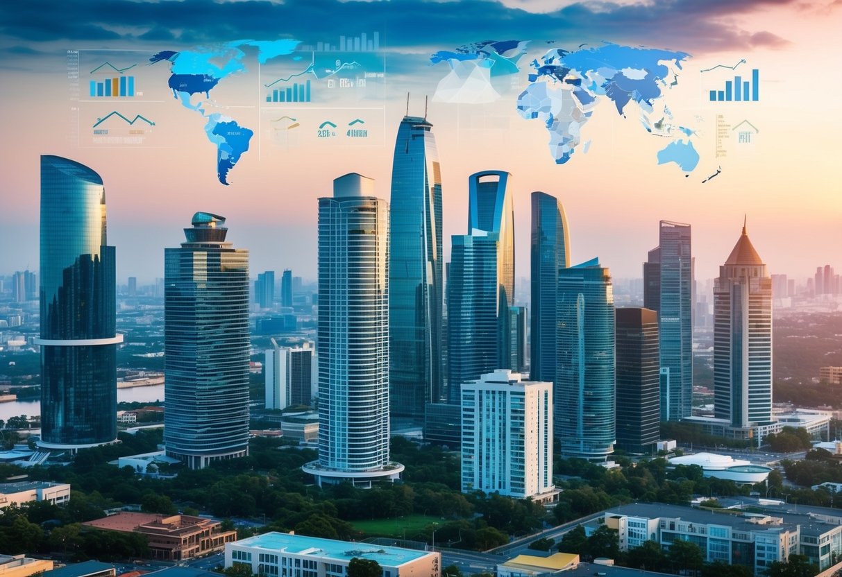 A modern city skyline with various real estate properties, including apartment buildings, office towers, and retail spaces, surrounded by financial charts and graphs