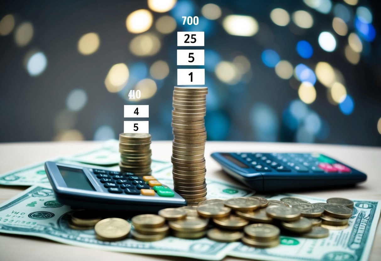 A stack of coins grows taller as it sits on a table, surrounded by scattered dollar bills and a calculator. The numbers on the screen show steady growth