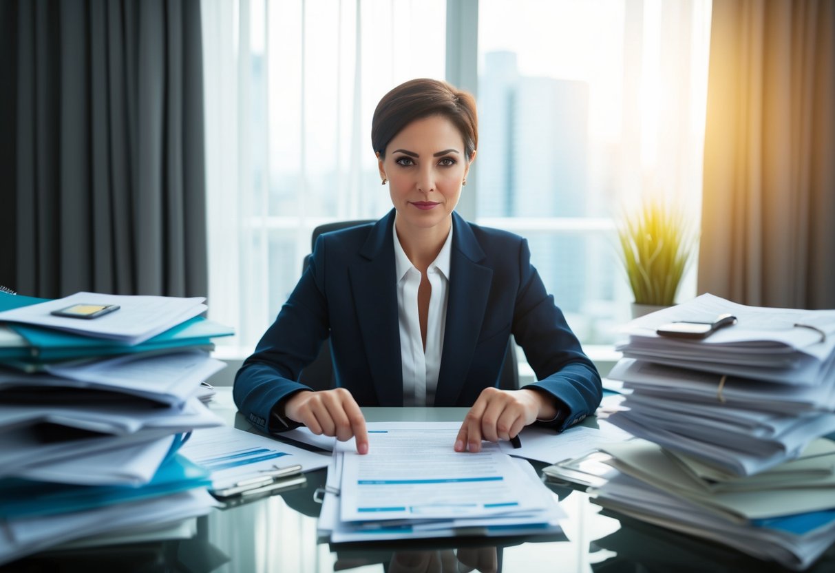 A person sitting at a desk surrounded by bills and financial documents, with a determined look on their face as they research how to pay off debt and achieve financial freedom