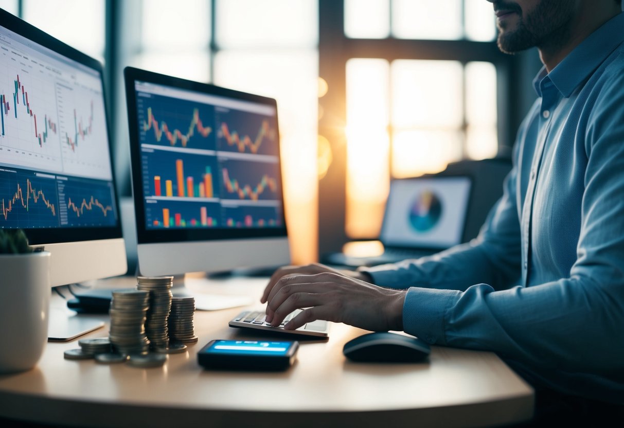 A person sitting at a computer, surrounded by charts and graphs, with a pile of coins and a digital wallet on the desk