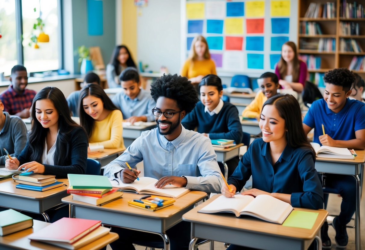 A classroom filled with diverse students engaged in learning and skill-building activities, surrounded by books, technology, and educational materials