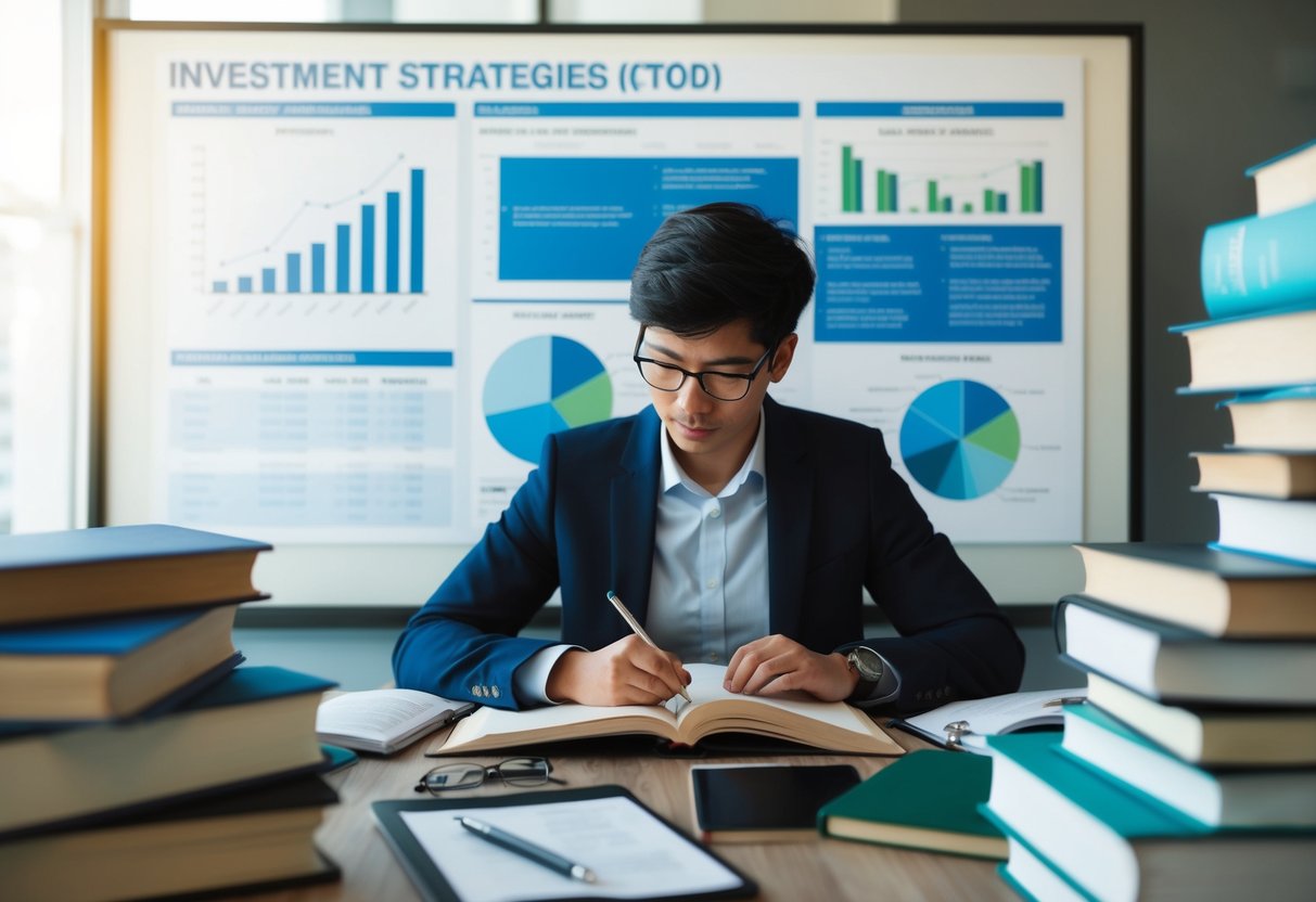 A person studying at a desk surrounded by books and educational materials, with a chart showing investment strategies in the background