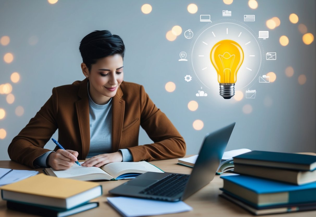 A person studying at a desk surrounded by books, a laptop, and notes. An image of a light bulb symbolizing creativity and entrepreneurship hovers above the person's head