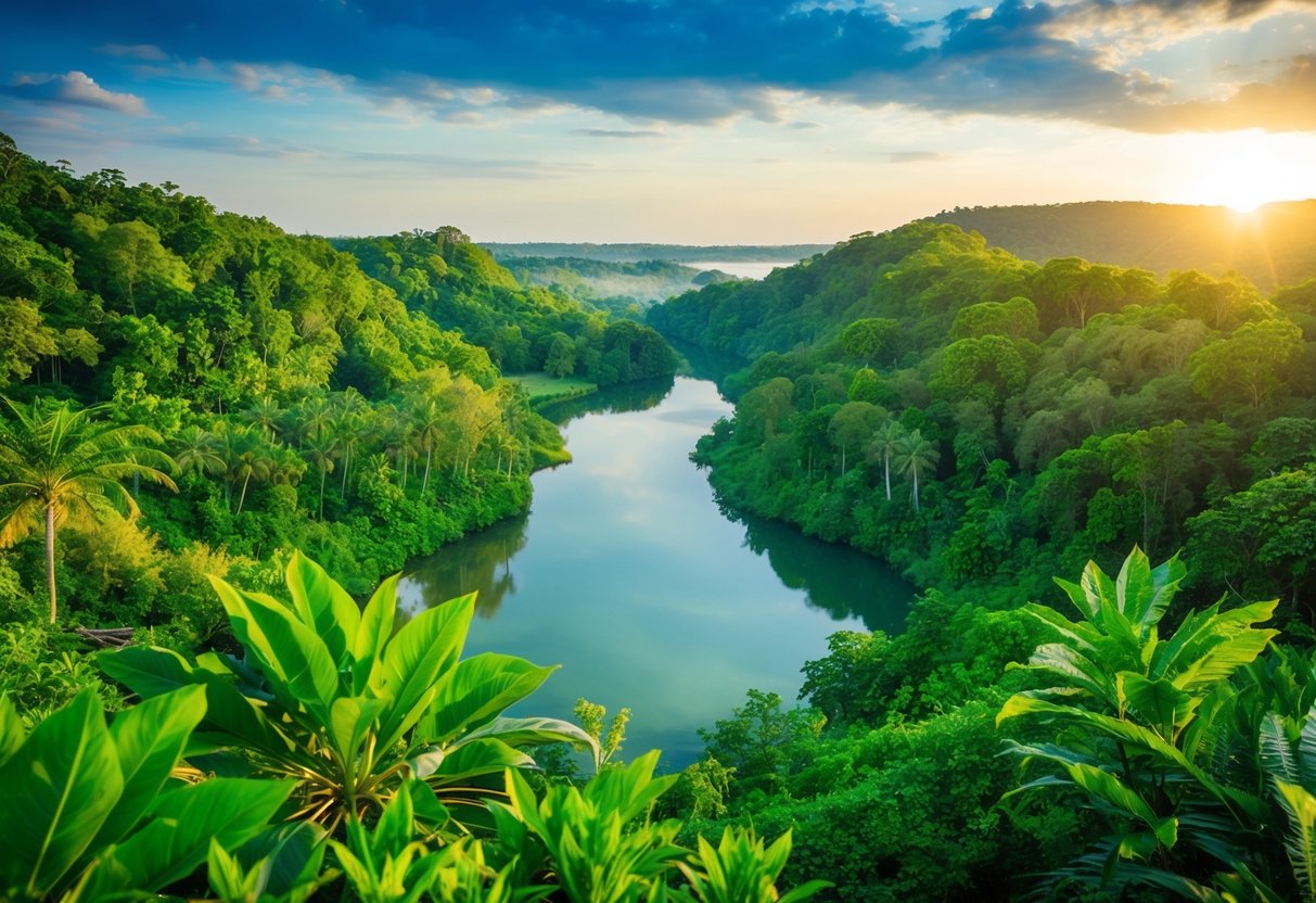 A lush green forest with diverse plant and animal life, surrounded by clean water and renewable energy sources
