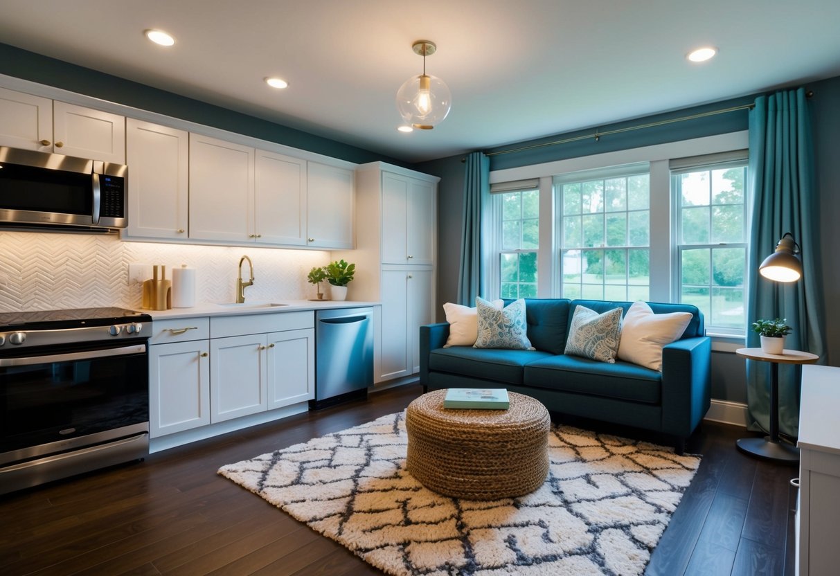 A cozy living room with energy-efficient appliances, LED light bulbs, and programmable thermostat. Windows are sealed with weather stripping