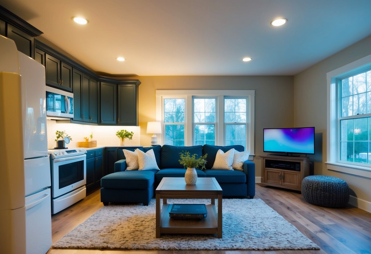 A cozy living room with energy-efficient appliances and LED lighting, a programmable thermostat, and insulated windows to save on heating and cooling costs