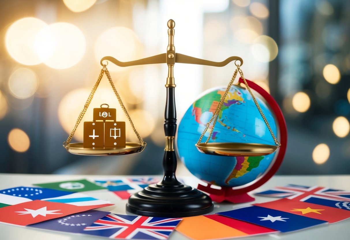 A scale with legal symbols balancing on one side and regulatory symbols on the other, surrounded by a globe and various national flags