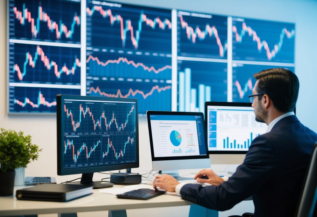 An array of global financial market charts and graphs being analyzed and adjusted by a person at a desk with a computer and various investment reports