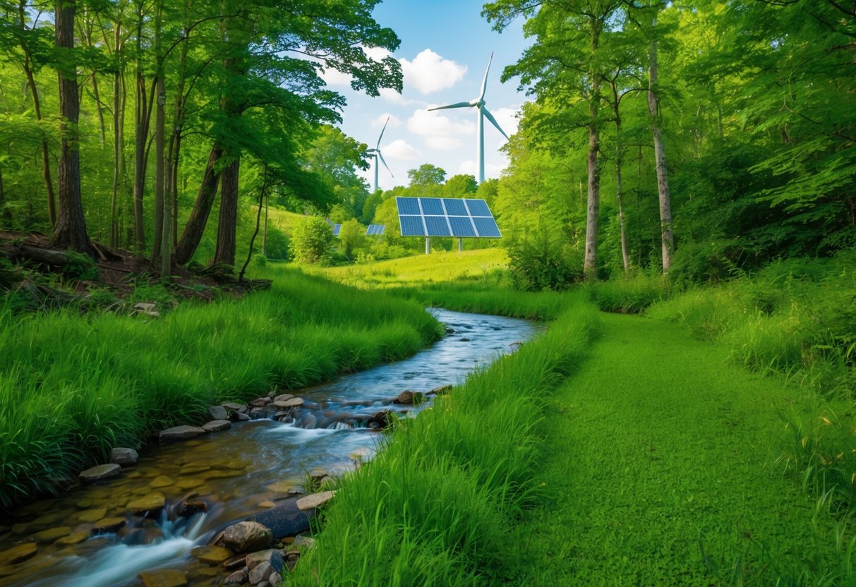 A lush green forest with a clear stream running through it, surrounded by diverse wildlife and sustainable energy sources in the background