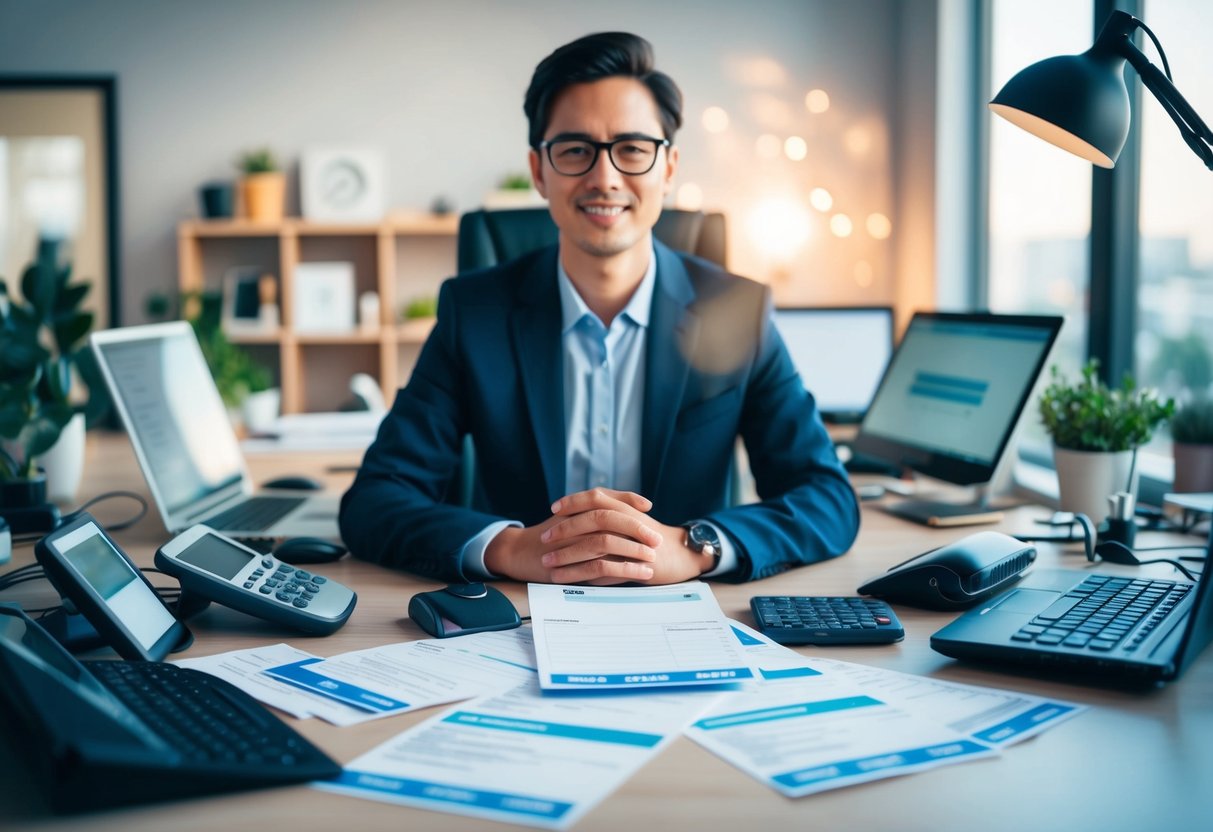 A person sitting at a desk surrounded by various technological devices and tools, with multiple bills and invoices spread out in front of them