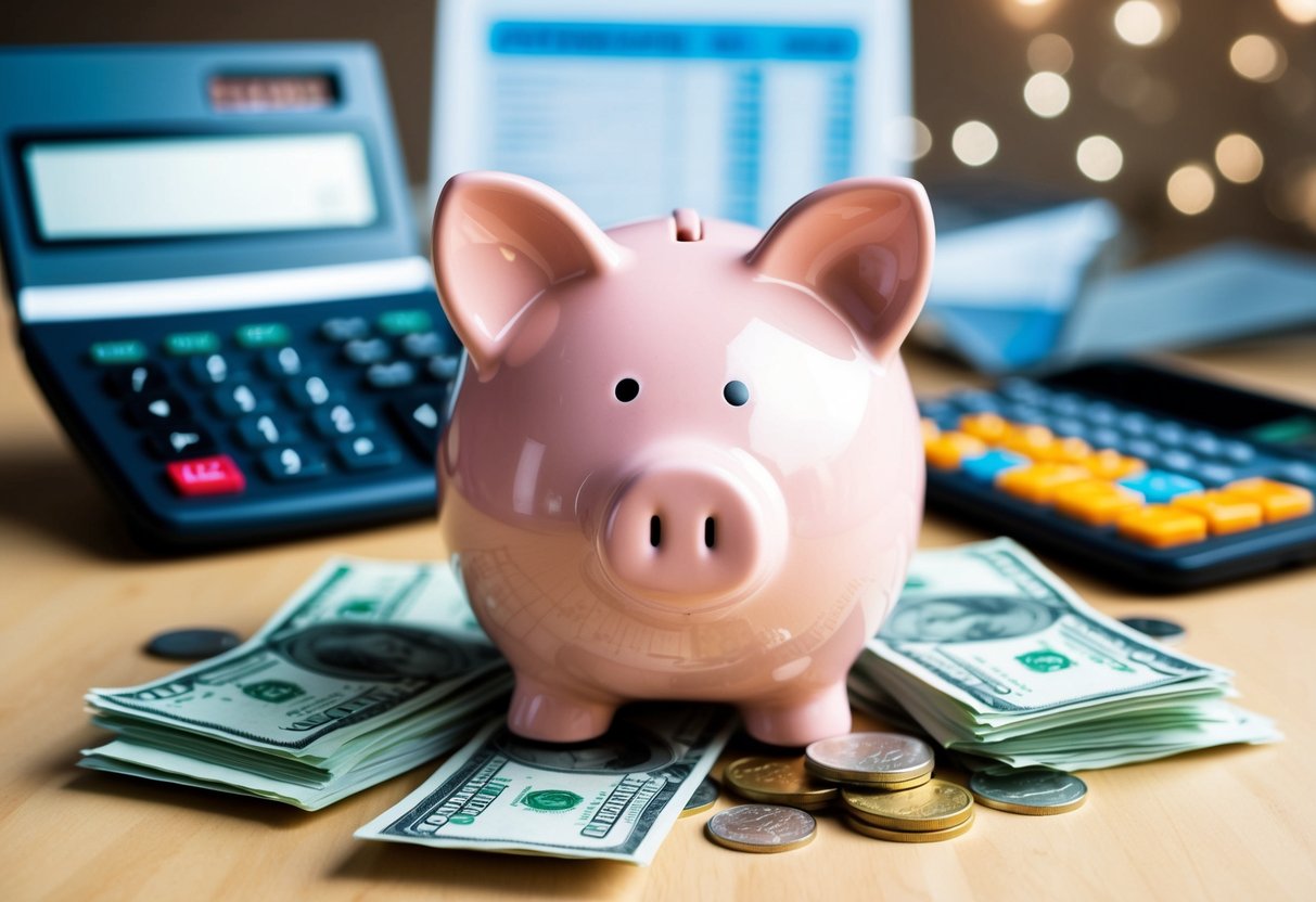 A piggy bank surrounded by bills and coins, with a calculator and budget spreadsheet in the background