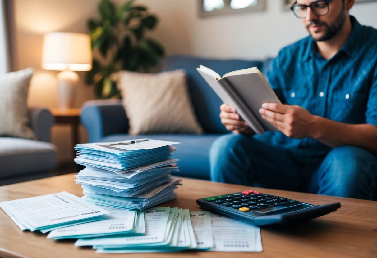 A cozy living room with a stack of bills on a table, a calculator, and a person reading a book on frugal living