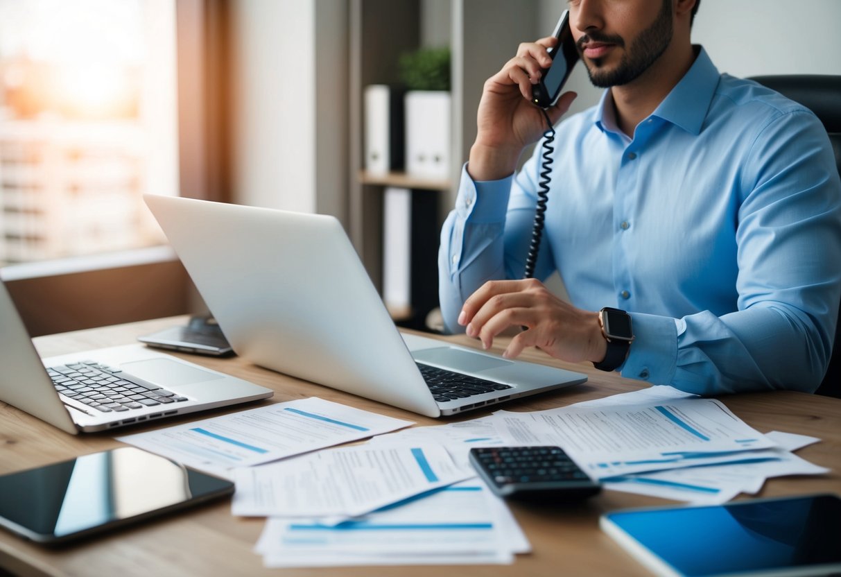A person seated at a desk, surrounded by bills and a laptop, negotiating with a landlord or lender over the phone