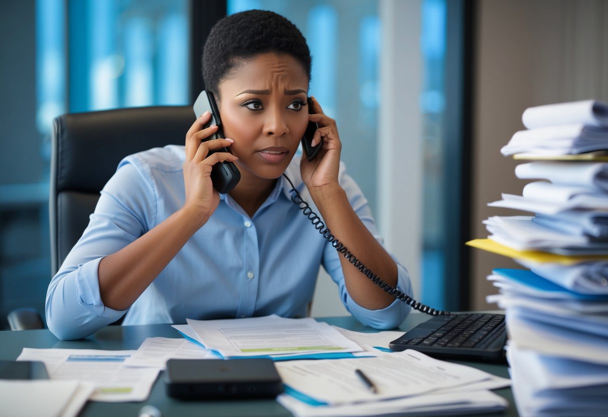 A person sitting at a desk, surrounded by bills and paperwork, talking on the phone with a concerned expression