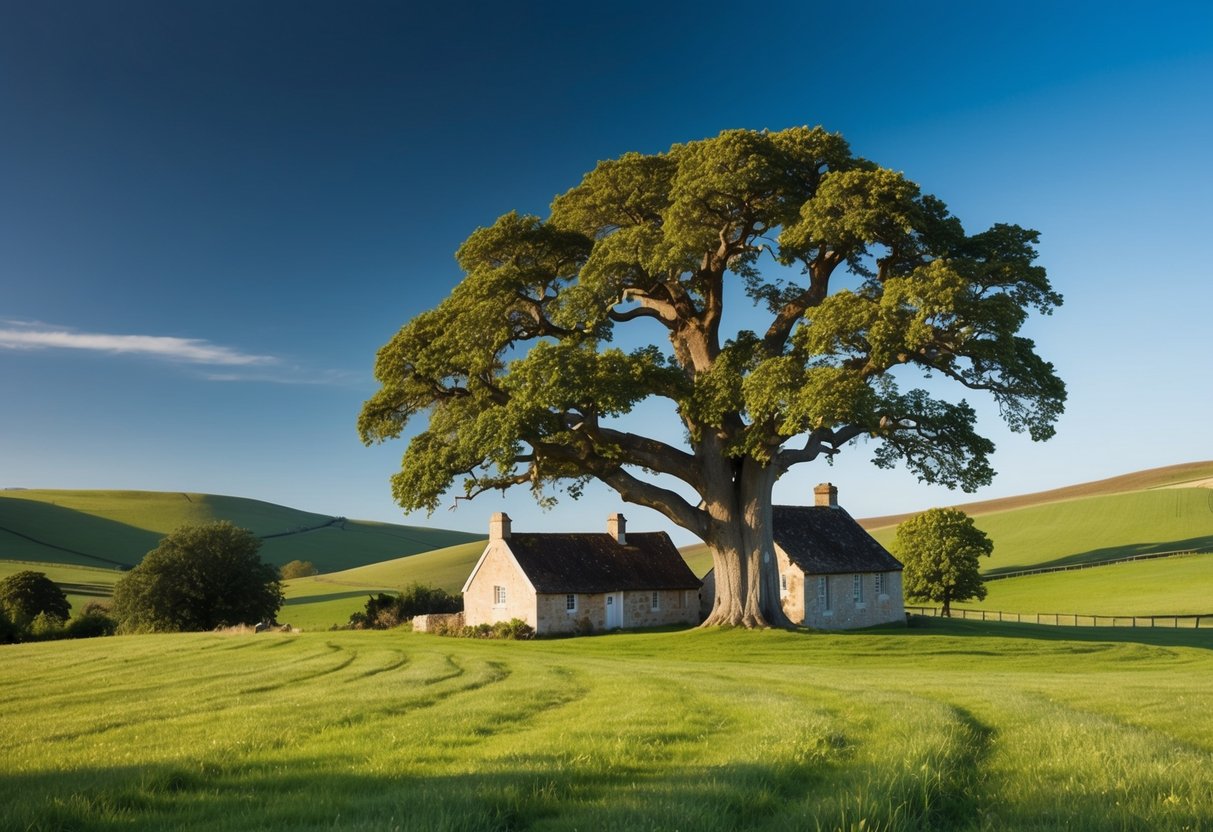 A serene countryside landscape with a grand oak tree and a quaint cottage, surrounded by rolling hills and a clear blue sky