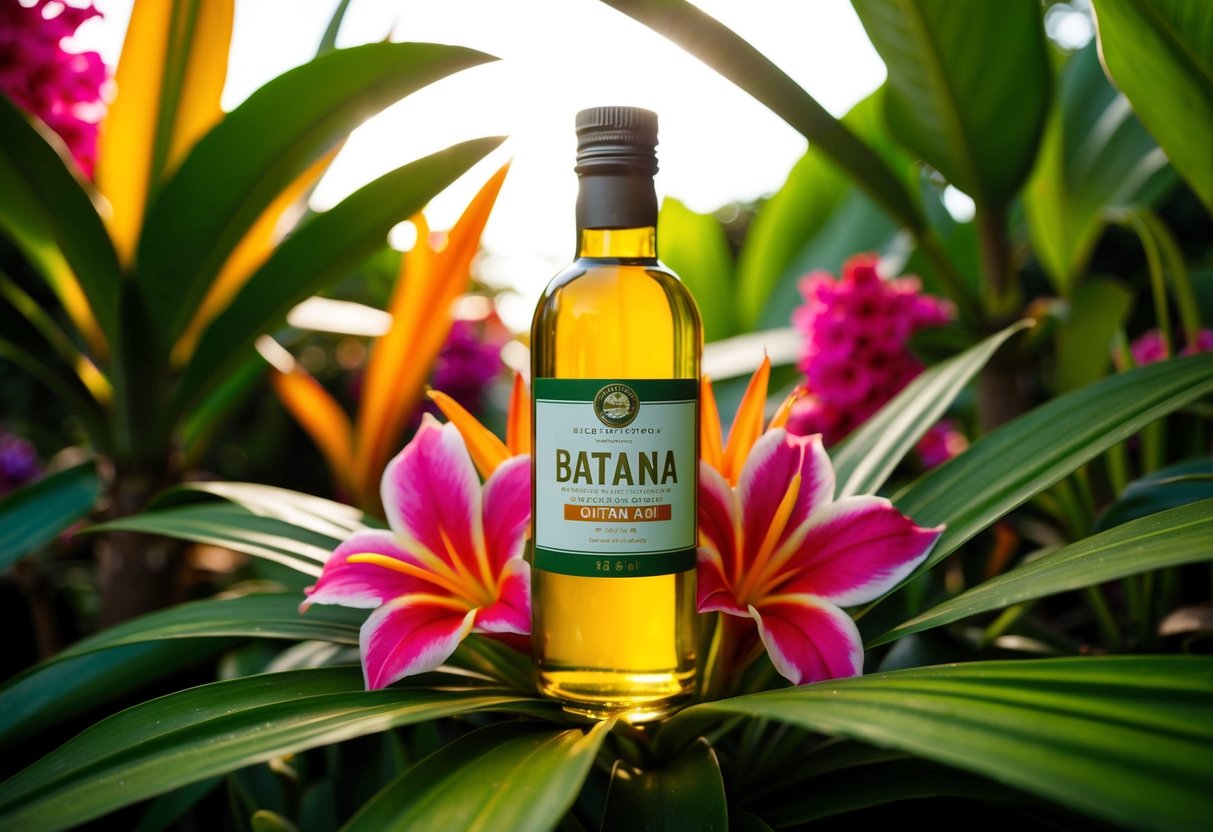 A bottle of batana oil surrounded by vibrant tropical plants and flowers