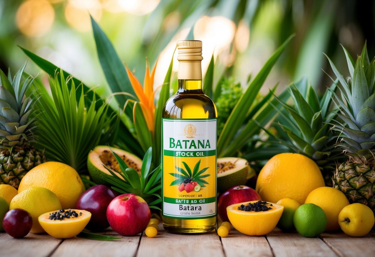 A bottle of batana oil surrounded by various tropical plants and fruits