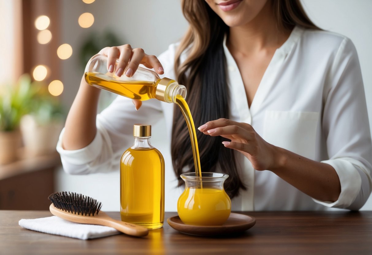 A woman pouring batana oil onto her hair, with a bottle and hairbrush nearby