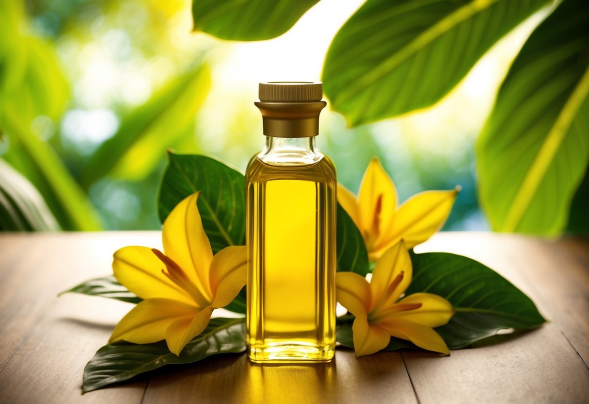 A bottle of Batana oil sits on a wooden table, surrounded by tropical leaves and flowers. The sunlight highlights the golden oil inside the clear glass bottle