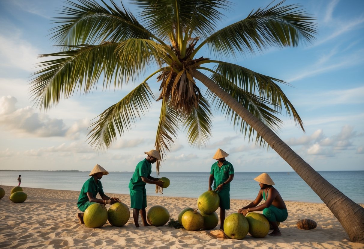 A tropical beach with a palm tree and coconuts, where local workers are extracting and processing angelycia batana oil from the fruit