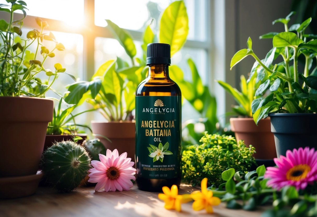 A bottle of Angelycia Batana oil surrounded by various plants and flowers, with sunlight streaming in through a window