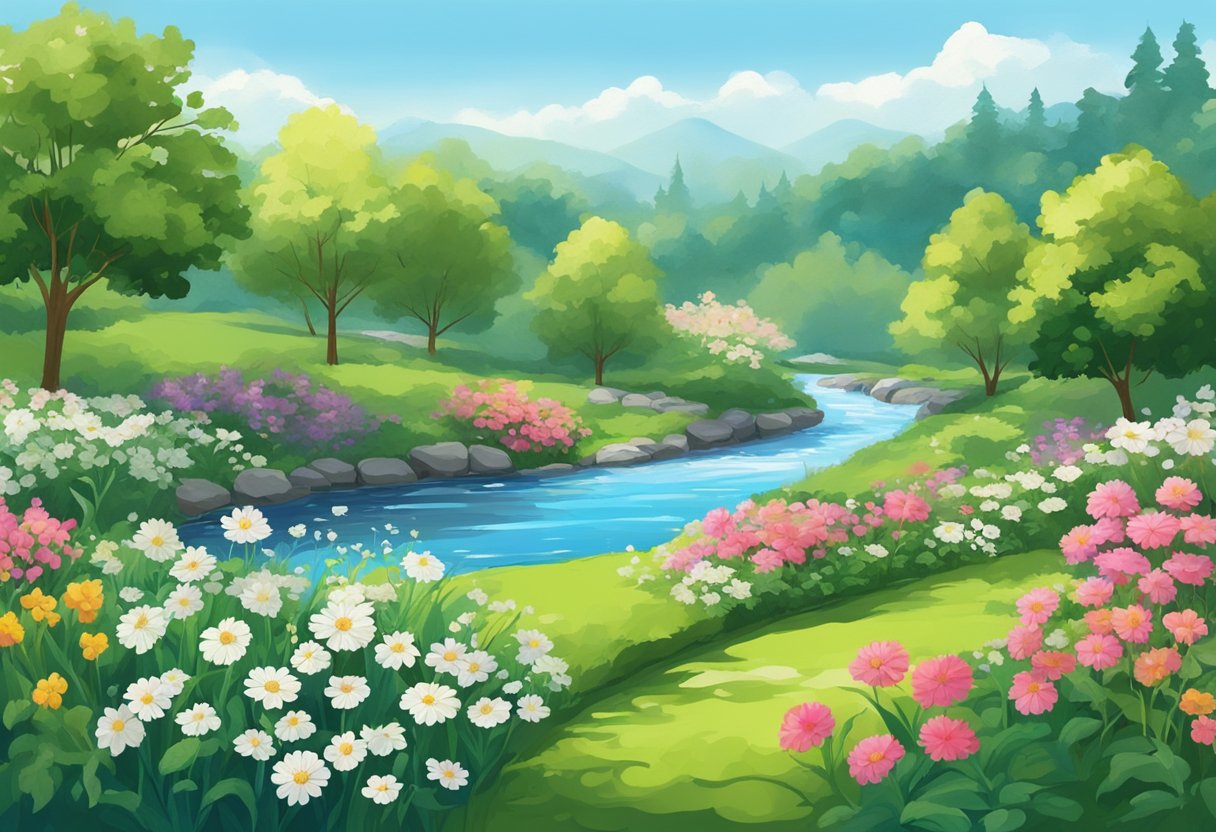 A serene garden with a flowing stream, surrounded by lush greenery and blooming flowers, under a clear blue sky