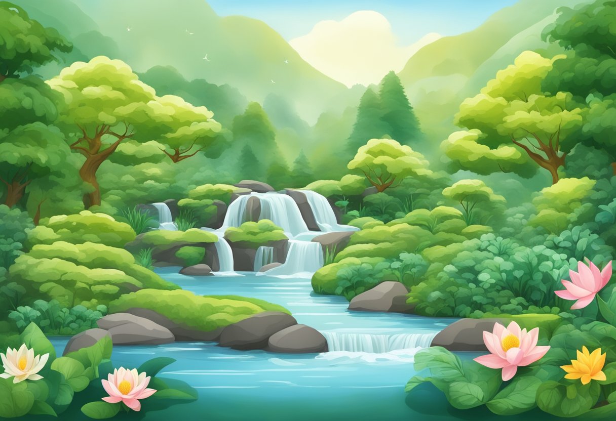 A serene garden with seven symbolic elements representing the spiritual laws of success, surrounded by flowing water and lush greenery